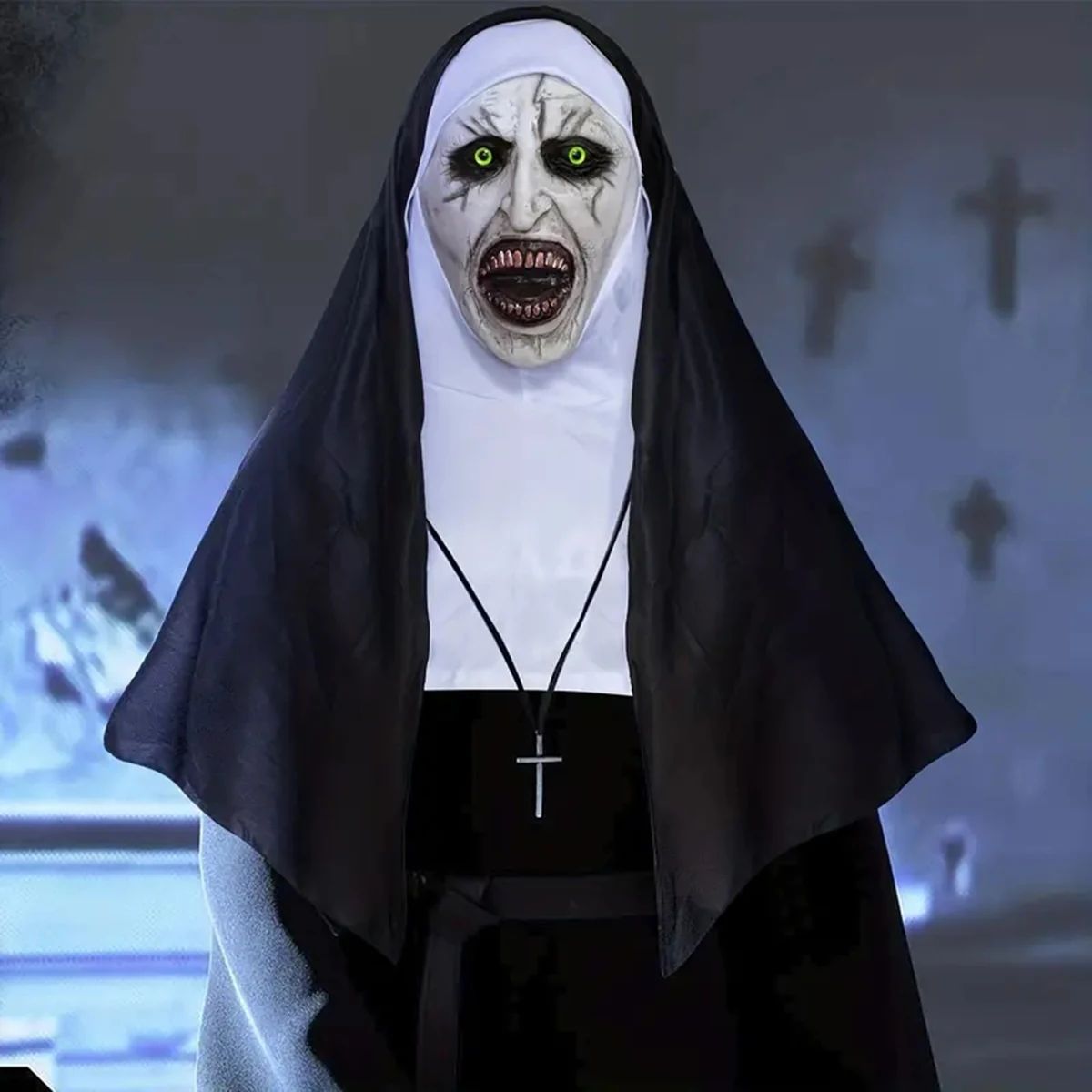 Bloody Scary Nun Mask Horror Cosplay Latex Demon Ghost Face Mask with Headscarf Halloween Party Costume Accessory