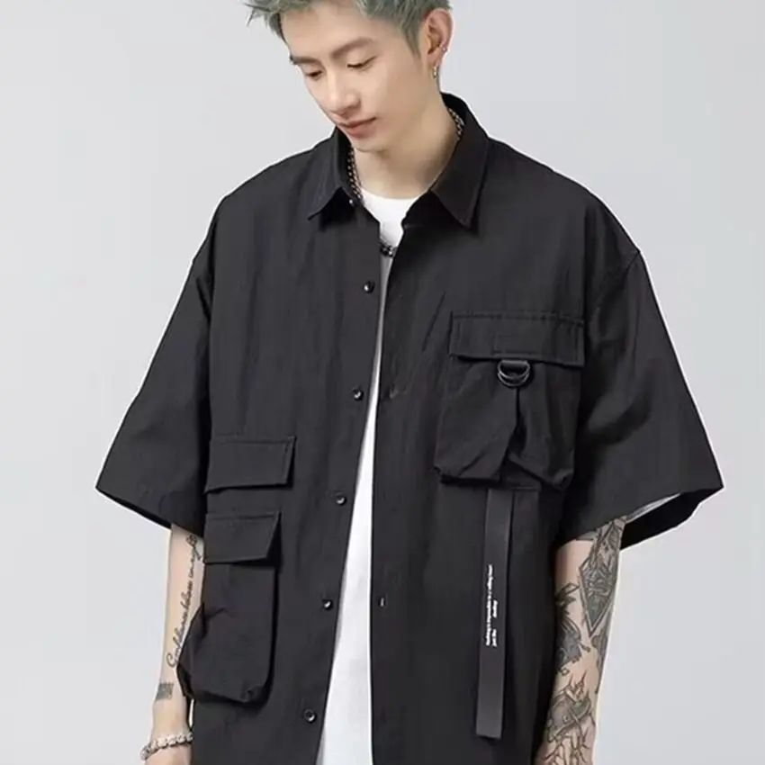 Stylish Y2k Men's Shirts Summer Korean Cargo Shirts for Men Black Multi-Pocket Hip Hop Men Clothing Punk Gothic Streetwear
