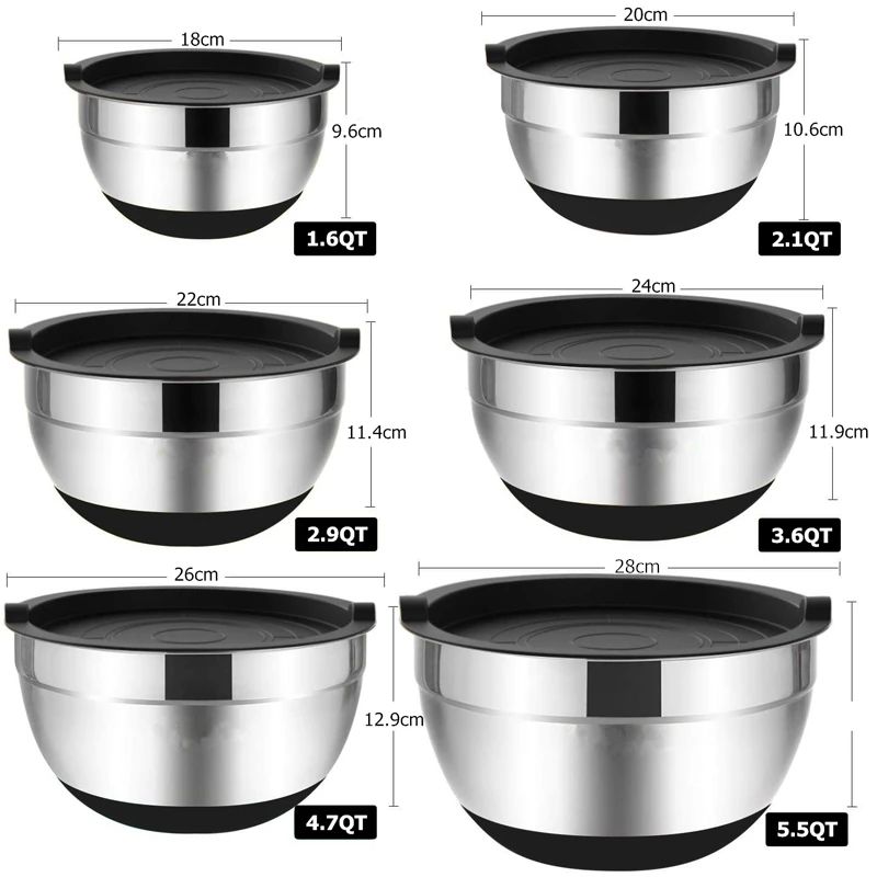 Silicone base thickened with lid cooking basin anti slip salad mixing bowl stainless steel egg beater bowl for kitchen baking