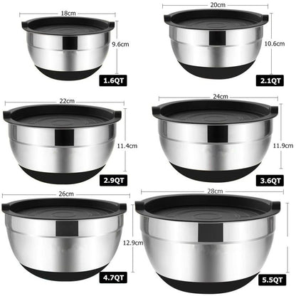 Silicone base thickened with lid cooking basin anti slip salad mixing bowl stainless steel egg beater bowl for kitchen baking