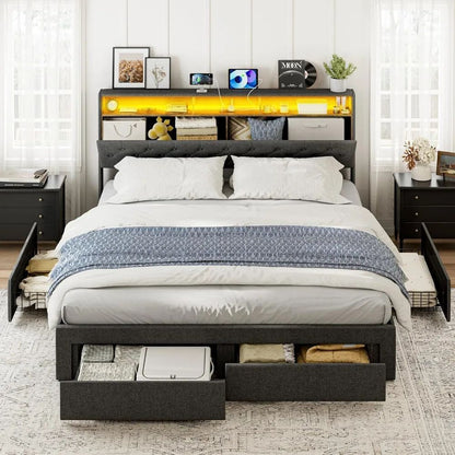 King Bed Frame with Charging Station Storage Headboard Upholstered Linen Button Tufted LED Platform Bed with 4 Drawers