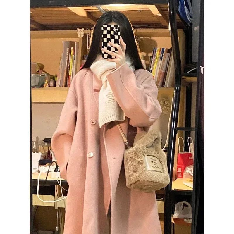 Winter Long Pink Woolen Coat French Hepburn Style Loose Casual Slimming Knee-Length Tweed Outerwear Women's Fashion