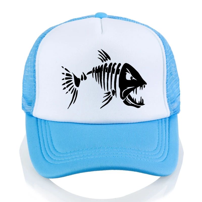 Boné de Beisebol com Ossos de Peixe Crânio Chapéu de Pesca ao Ar Livre Masculino Boné de Malha Respirável de Verão para Entusiastas da Pesca, Bonés Snapback Ajustáveis