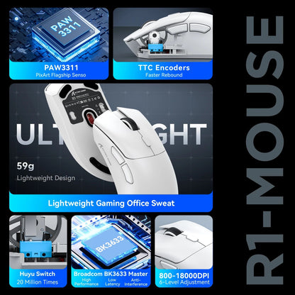 Mouse Gamer ATTACK SHARK R1 Sem Fio Leve 18000DPI PAW3311 Conexão Tri-modo Bluetooth/2.4G/USB com Macros para PC/Mac