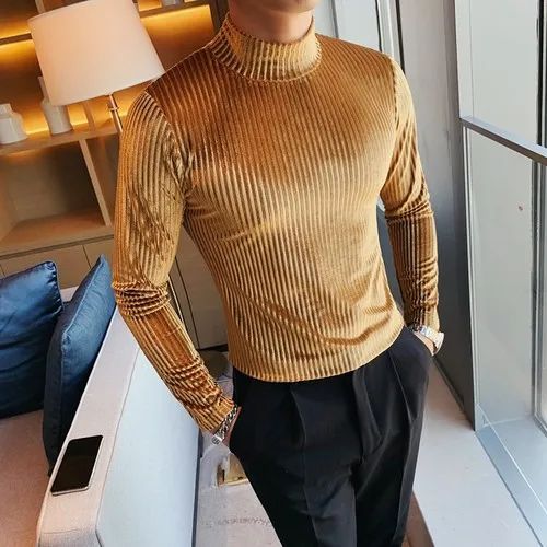 New Gold Velvet T Shirt Men Clothing Fashion Trend Male Luxury Prom Party Long-sleeved Striped Pullover Tops Homme