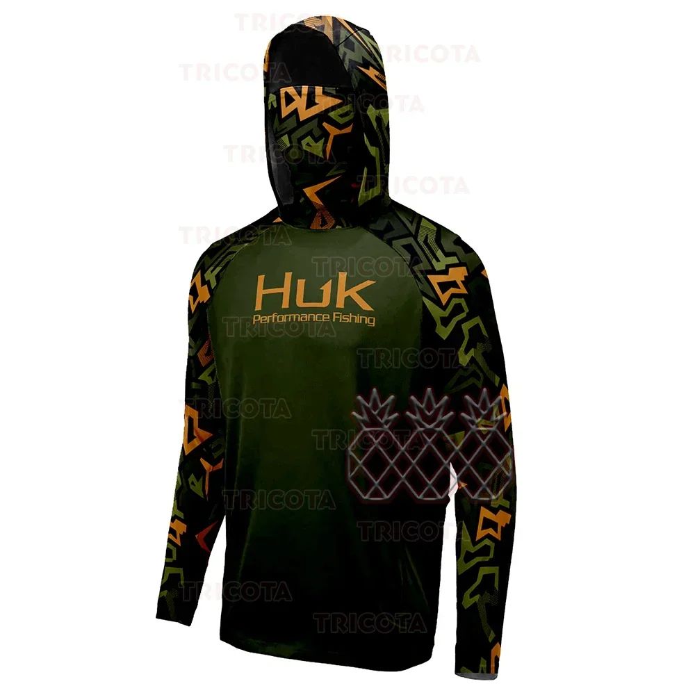 Camisetas de Pesca HUK UPF 50+ Manga Longa com Capuz e Proteção Facial Secagem Rápida Moletom Respirável Proteção UV Masculina