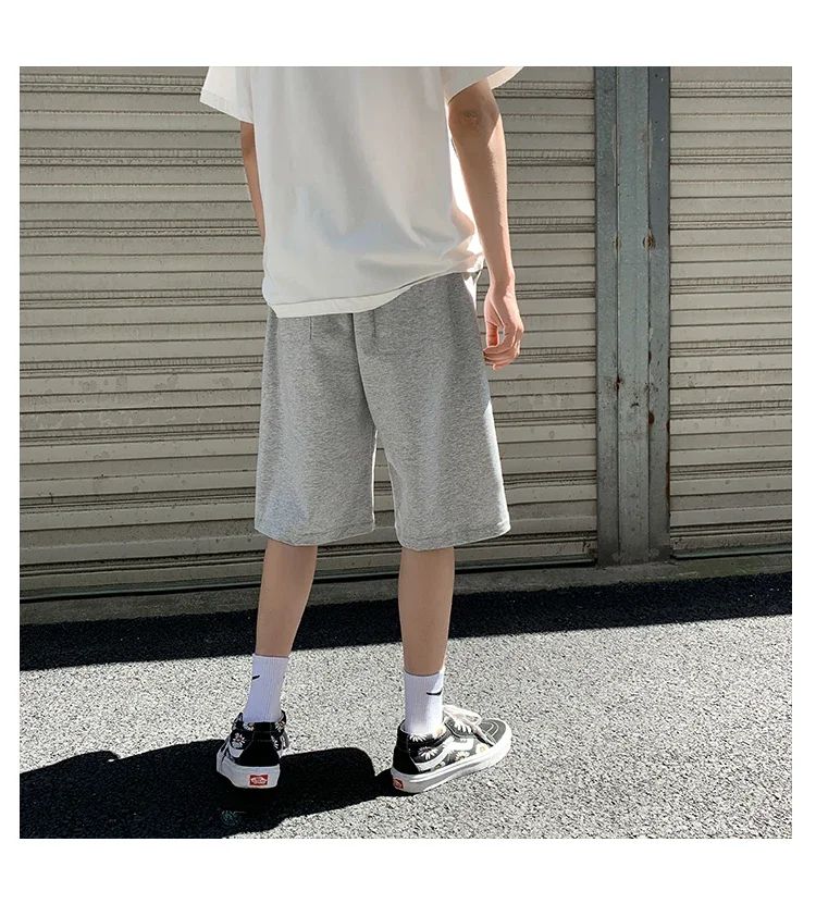 Summer New Y2K Solid Color Cotton Loose Men's Sports Pants Shorts Street Wear Simple Drawstring Straight Casual Shorts Male