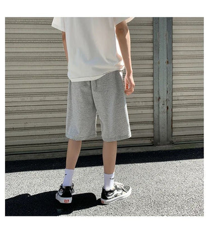 Summer New Y2K Solid Color Cotton Loose Men's Sports Pants Shorts Street Wear Simple Drawstring Straight Casual Shorts Male