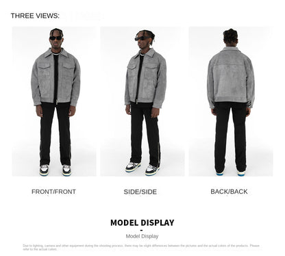 Autumn Jackets Oversize Casual Clothes High Street Pockets Laper Zipper Suede Thick Coat Mens Windbreaker Loose