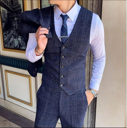 Dark Blue Men's Suit Three Piece, Business Casual Jacket and Vest with Trousers, Gray Dark Brown Slim Fit Sets, Asian Size