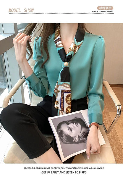 FANAN Elegant Fashion Office Lady Bow Solid Chiffon Shirts Women Clothing New Long Sleeve V-Neck Pullover Top Blouses Female2025