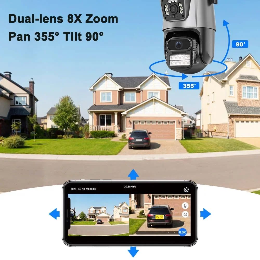9MP Three Lens Dual Screen PTZ ICsee Alexa NVR Security CCTV WiFi Camera Outdoor8X Zoom Security Camera 4K Video Surveillance