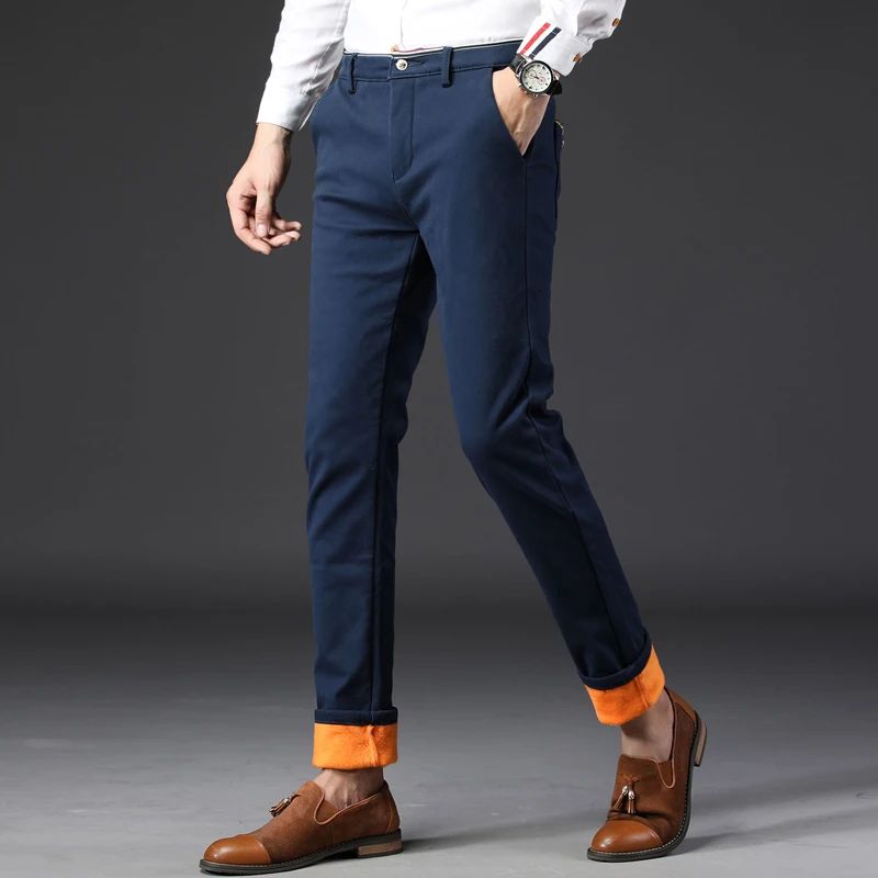 Winter Men Korean Fashion Straight Leg Pants Winter Snow Warm Thermal Thicken Casual Pants New Fleece Slim Fit Business Trousers