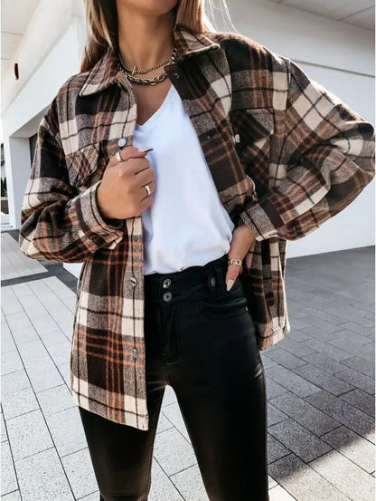 Warm Plaid Long Sleeve Shirt Jacket Autumn Winter Women's Polo Collar Patchwork Decorative Button Detailing Chinese Origin