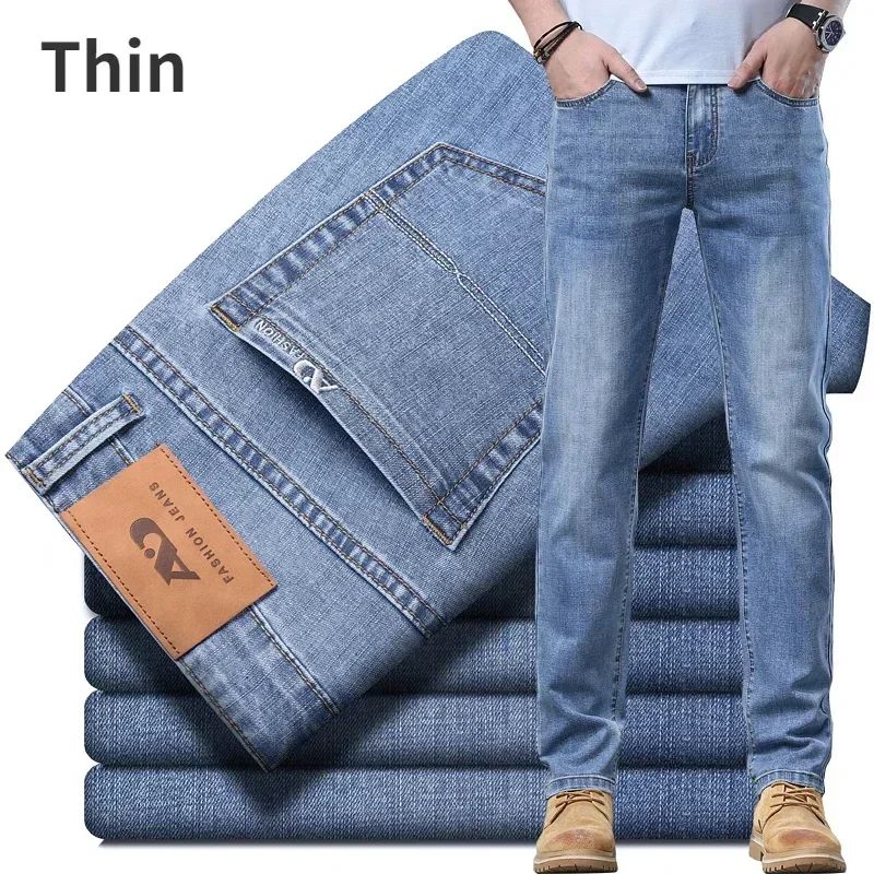 Calça Jeans Masculina Slim Fit 2024 de Material Fino ou Grosso Luxo Estilo Clássico Negócios Jeans Elástico Calças Masculinas Roupas