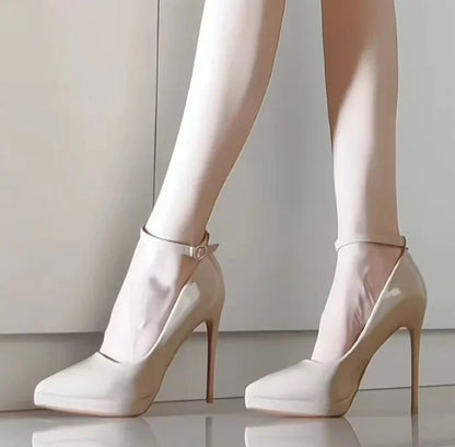 Sapatos femininos com salto agulha super alto de 11cm, corrente de pérolas, tira no tornozelo, bico fino, tamanho grande, sapatos de escritório de couro