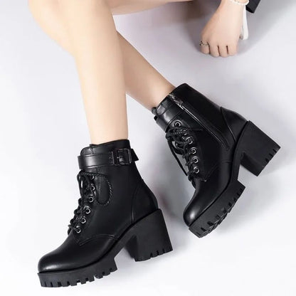 2024 Women Winter Leather Women Winter Boots Thick Wool Warm High-heeled Genuine Boot High-quality Female Snow Boots Women Shoes