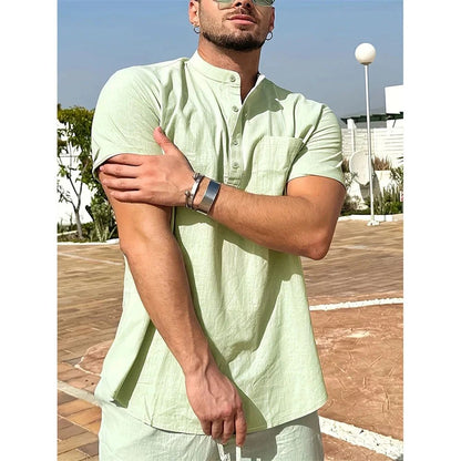 Summer Hot Sale Men's Cotton Linen T-shirt Henley Neck Casual Breathable Lightweight Solid Color Pocket Fashion Button Tops