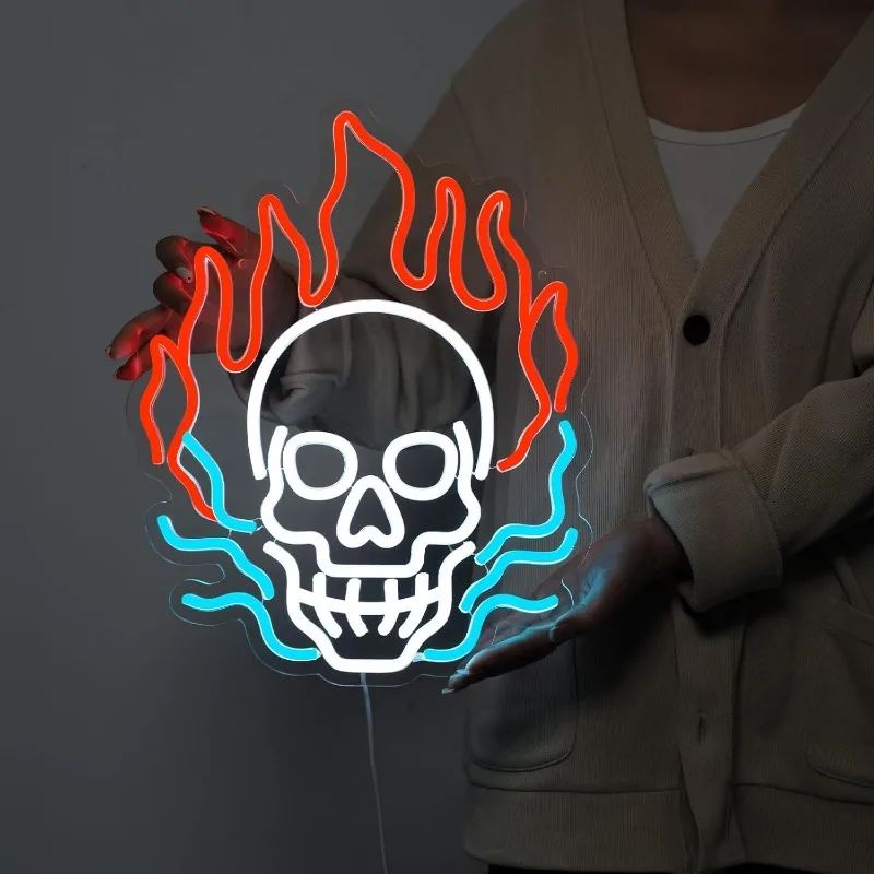 Paredes de Neon Chama de Crânio Decoradas com LEDs de Halloween Reguláveis, Alimentadas por USB, Decorações de Festa de Halloween para Caverna Masculina, Bar, Clube, Sala de Jogos