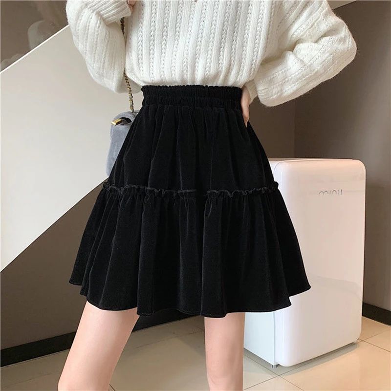 Black Velvet Patchwork Mini Skirt Women Sweet Solid A Line High Waist Skirt Fashion Pretty Style Pleated Summer Student Skirt