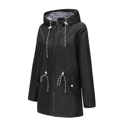 Blue Waterproof Hooded Jacket Women Fashion Casual Coat Waist Drawstring Tie Zipper Switch Red Green Yellow Black Windbreaker