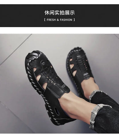 2025 New Men's Handmade Leather Sandals Flat Sandals Fashion Men's Suitable for Beach Vacation Summer Brown Non-slip Sandals