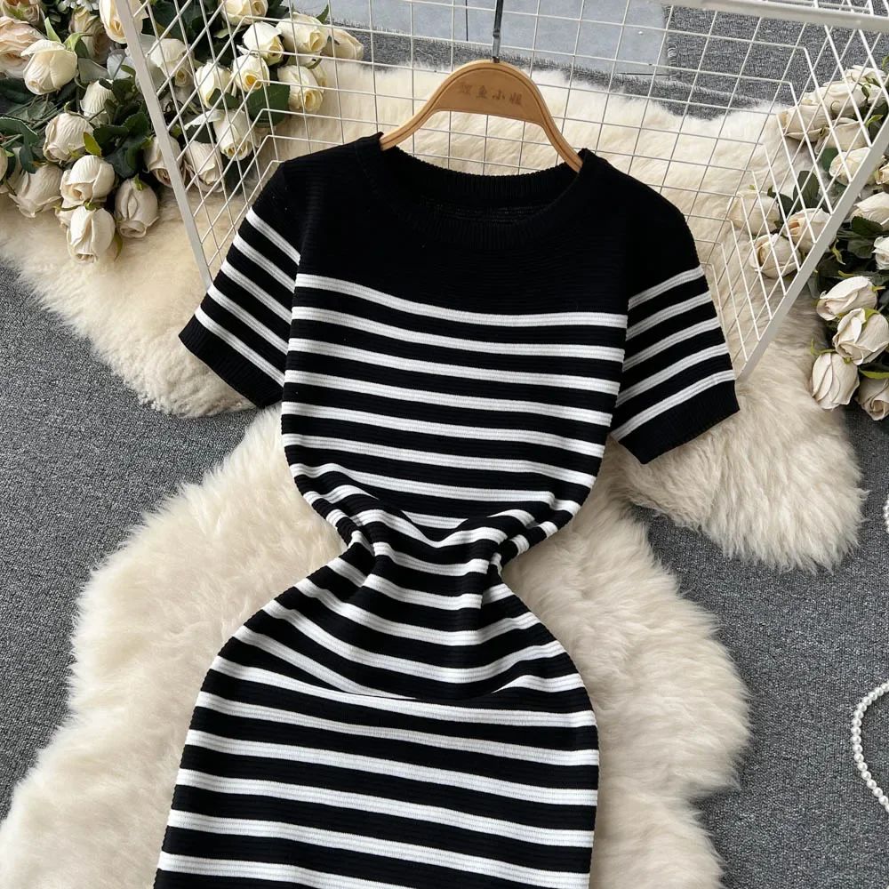 Summer Striped Beach Knitted Dress O Neck Short Sleeves Chic Hotsweet Slim Sundr