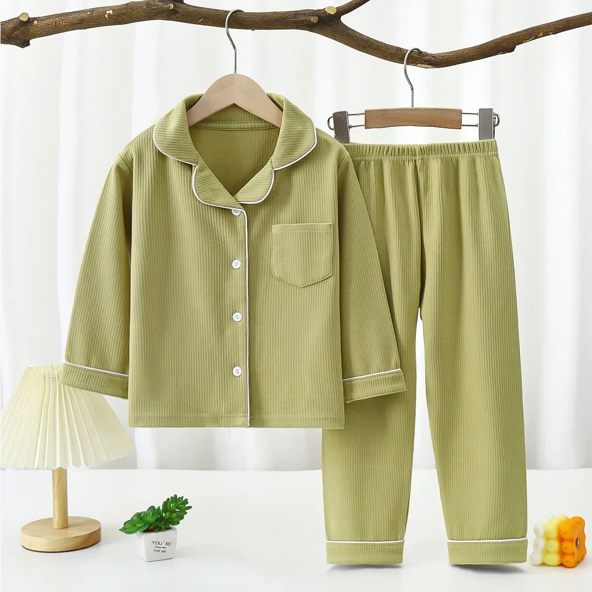 New 2025 Boys Girls Autumn Cotton Pajamas Home Wear Kids Casual Solid Long Sleeve Lapel Pyjamas Teen Sleepwear Clothing Sets