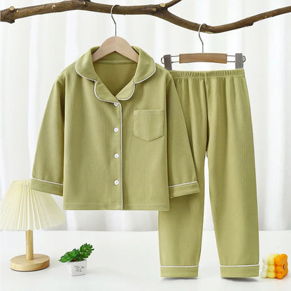 New 2025 Boys Girls Autumn Cotton Pajamas Home Wear Kids Casual Solid Long Sleeve Lapel Pyjamas Teen Sleepwear Clothing Sets