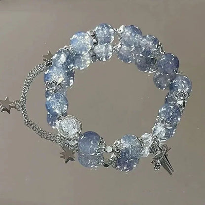 Pulseira Feminina Niche Design Star Chain Tassel com Contas de Cristal Azul Fantasia e Corda Elástica, Presentes de Joias para Melhores Amigas