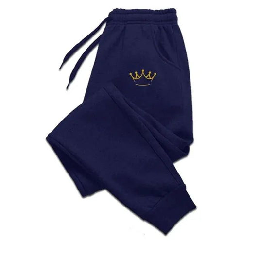 Calça Masculina Estampada Coroa Dourada Outono E Inverno Moletom Com Fleece Calça Masculina Casual Com Cordão Calça Esportiva De Jogging