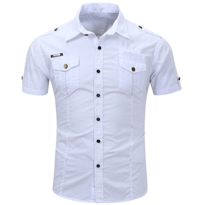 Euro Size White Short Sleeve Men's Uniform Shirt Safari Shirt Summer Casual 100% Cotton Cargo Outdoor Pocket Work Shirts for Men