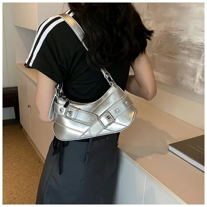 Red Vintage Shoulder Bag Y2K Belt Design PU Leather Underarm Bags for Women Trend Hot Cool Girl Crossbody Bag Punk Style Handbag