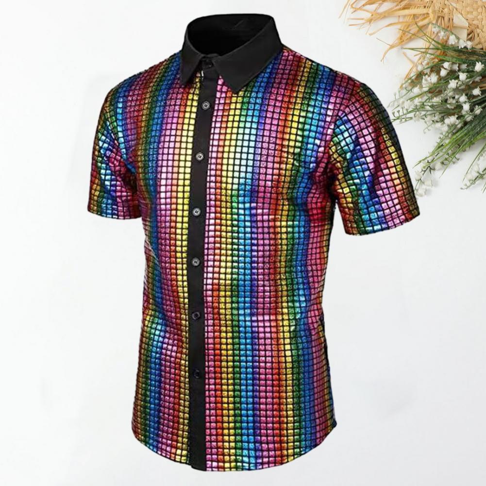 Club Sequin Shirt Mens 70s Disco Costume Vinatge Shirt Turn-down Collar Reflective Shiny Sequins Short Sleeve Button Down Shirt