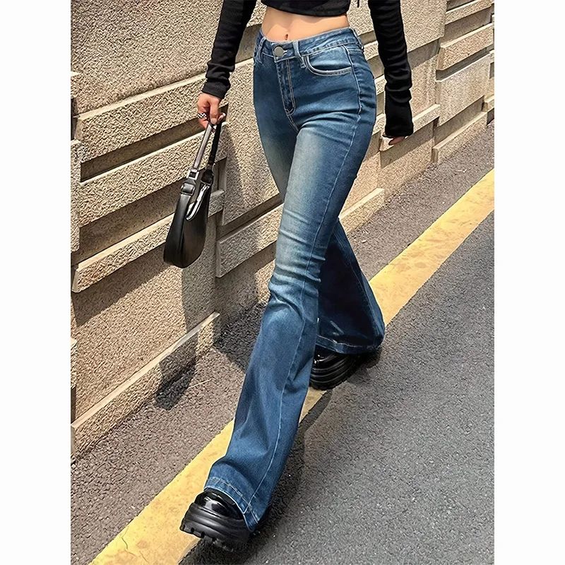 2025 Girls Concise Ins High Waist Flared Jeans Female Stretchy Bootcut Denim Pants Women Solid Color Thin Bell Bottoms Trousers