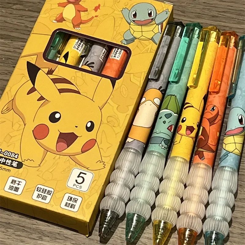 Conjunto de Canetas Pokémon com 5 Peças Pikachu Squirtle Charmander, Caneta Gel Retrátil Fofa de Anime para Escola Material de Escritório Presente para Crianças
