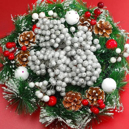Wholesale Artificial Frosted Berry Mini Double Head Christmas Holly Red Gold Silver Berries Flowers Wreath Xmas Party Decoration