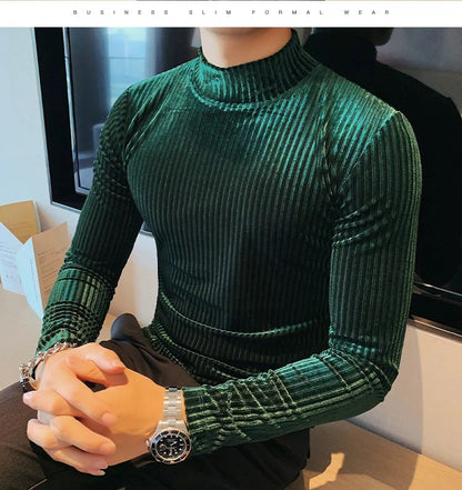 New Gold Velvet T Shirt Men Clothing Fashion Trend Male Luxury Prom Party Long-sleeved Striped Pullover Tops Homme