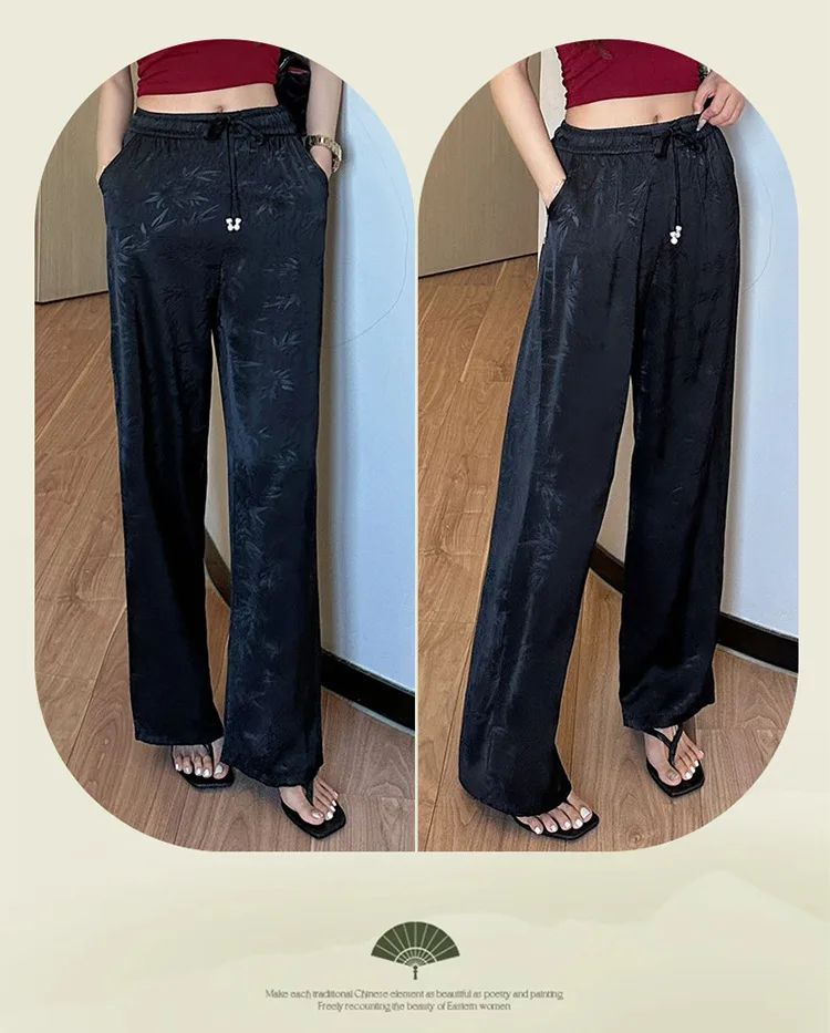 Plus Size Acetate Wide Leg Pants Women's Spring Autumn National Style Print High Waist Slimming Drapey Cool Large Size Women'...