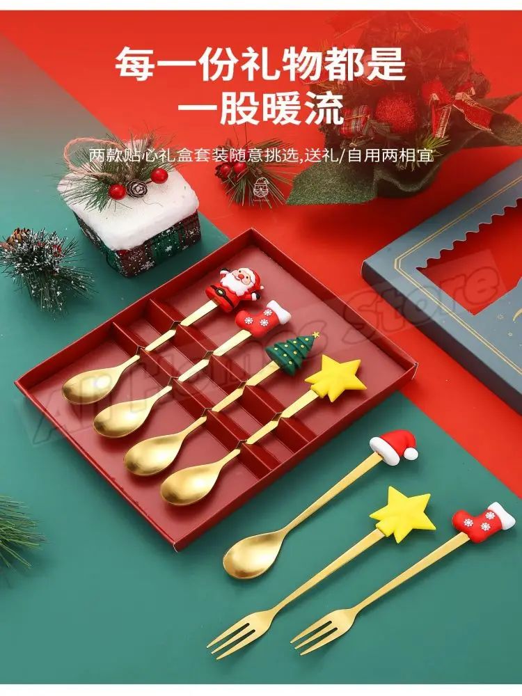 Christmas Cutlery Set Elk Dessert Scoop Fruit Fork Coffee Spoon Stainless Steel Dessert Fork 4/6PCS Christmas Spoons Fork Set
