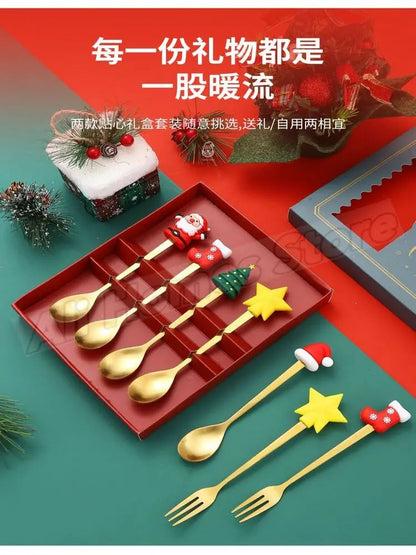 Christmas Cutlery Set Elk Dessert Scoop Fruit Fork Coffee Spoon Stainless Steel Dessert Fork 4/6PCS Christmas Spoons Fork Set