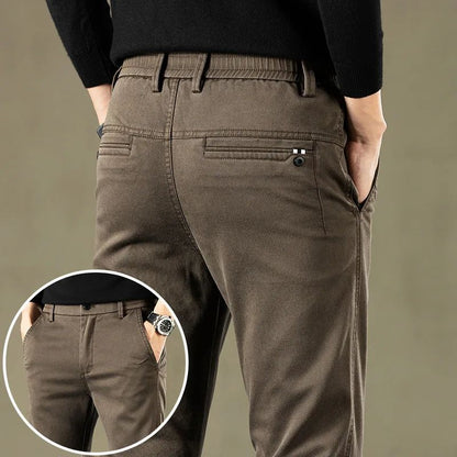 2024 Primavera Novas Calças Casuais Masculinas Marca de Roupas Negócios Cintura Elástica Grossa Clássica Slim Calça Masculina Preto Cinza Marrom