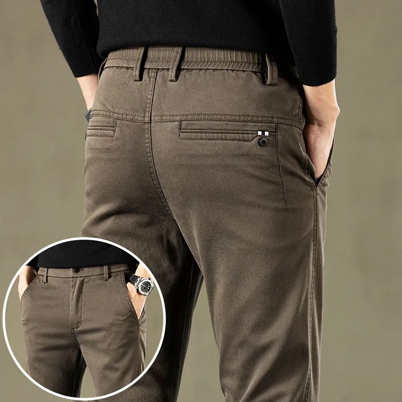 2024 Primavera Novas Calças Casuais Masculinas Marca de Roupas Negócios Cintura Elástica Grossa Clássica Slim Calça Masculina Preto Cinza Marrom