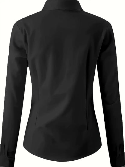 Solid Button Front Shirt, Elegant Long Sleeve Lapel Shirt for Spring Fall Fashion Women's Clothing Basic Blouses OL Womens Tops