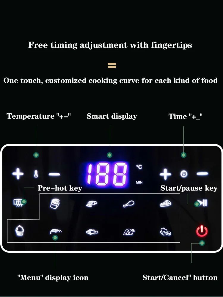 Atualizar Fritadeira Elétrica Doméstica de 1600W, 8L, com Painel Touch Screen, Capacidade para Pizza, Fritadeira sem Óleo e sem Sal, Panela Elétrica Touch Screen