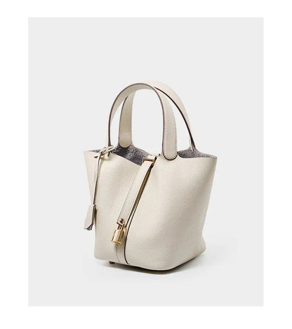 Genuine Leather Shoulder Bucket Bag Women Litchi Pattern Mini Basket Tote Soft Handbag Mommy Bride Wedding Bags with Lock