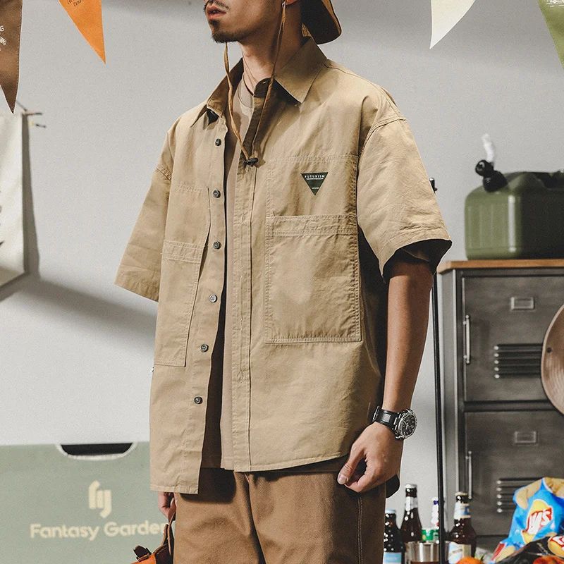 Summer hawaiian Casual Cargo Shirt For Men Oversized Short Sleeve Tee Shirts Y2K Streetwear Button Blouses Outdoor Masculino