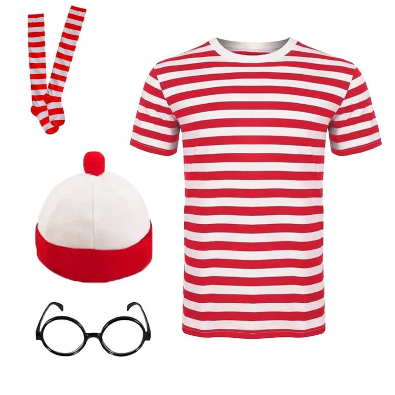 Wheres Youth Family Wally Costume Short Sleeves Glasses and Hat Socks Unisex  Adults Halloween Cosplay Costume