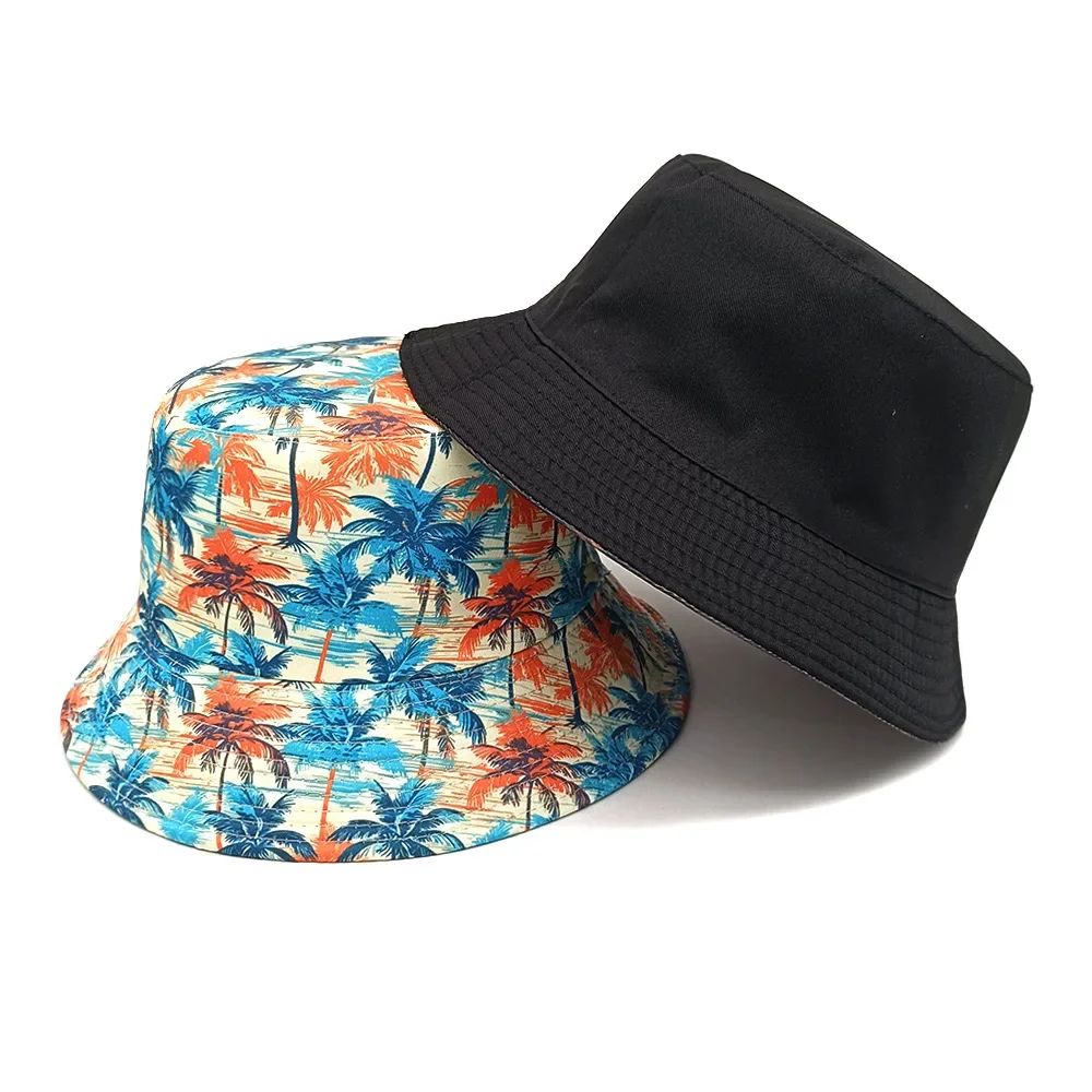 Fashion Bucket Hat Coconut Tree Printing Pattern Fisherman Hats For Holiday Double Sides Panama Cap Unisex Outdoor Beach New