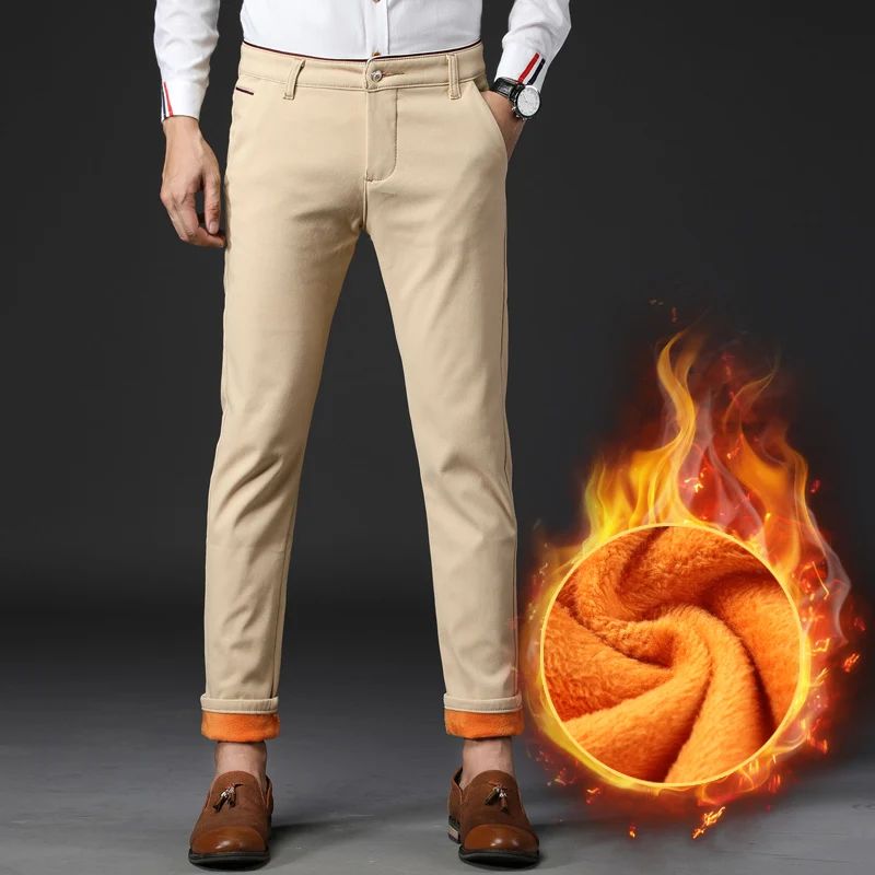 Winter Men Korean Fashion Straight Leg Pants Winter Snow Warm Thermal Thicken Casual Pants New Fleece Slim Fit Business Trousers